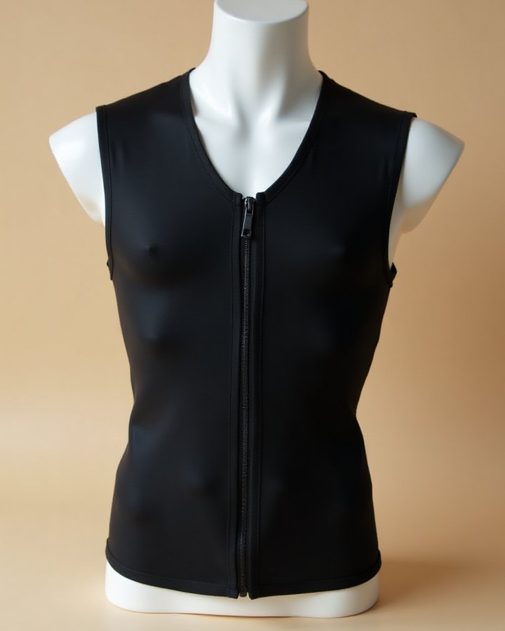 Black men's post-surgical compression and posture vest with front zipper, displayed on a mannequin